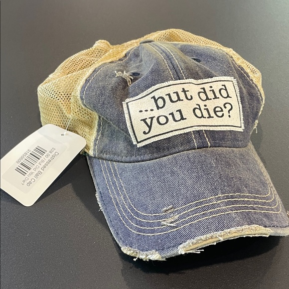 BUT DID YOU DIE? Distressed Blue and Tan Trucker Hat with Patch - Picture 3 of 3